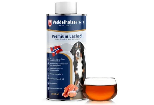 Veddelholzer Fellpflege Lachsöl für Hunde 1 Liter Ideale hochwertige Nahrungsergänzung, (1-St), Omega3 Fettsäuren & Vitamin E Nachhaltig Fischöl Hund Pferd & Umwelt