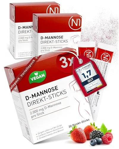 N1 D-Mannose Direkt-Sticks 90 Stück - 2.000mg D-Mannose pro Stick - vegan, glutenfrei & ohne unnötige Zusatzstoffe - praktisch für unterwegs - ideal als Nahrungsergänzungsmittel