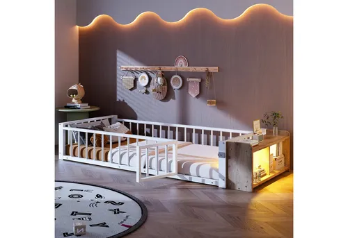 Redom Kinderbett Weiß 90x200 cm mit Schutzgeländer und LED-Beleuchtung - Modernes Kinderbett aus MDF und Metall, ideal für kleinere Räume. Mit seitlichem Schutzgeländer, offenem Staufach und integrierter LED-Beleuchtung für sanfte Orientierung. Robust und langlebig – für einen sicheren Schlaf!