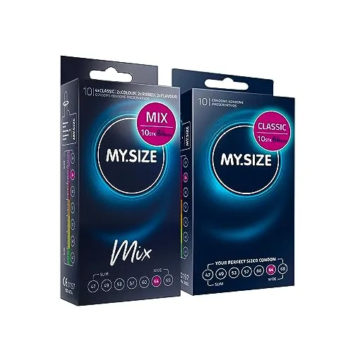 MY.SIZE Mix Premium Kondome Set, 10 Classic + 10 in, 4 Varianten: Classic Genoppt Blau & Rot, Vorteilspackung, Größe 6, 64 mm