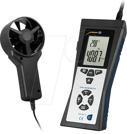 PCE VA 11 - Flügelradanemometer - Windmesser für präzise Messungen von Luftgeschwindigkeit, Lufttemperatur und Infrarottemperatur. Mit hintergrundbeleuchtetem LCD für komfortable Ablesungen, ideal für schwach beleuchtete Bereiche.