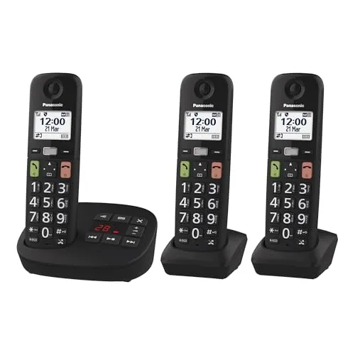 Panasonic KX-TGU133EXB digitales schnurloses Telefon mit Anrufbeantworter, Basisstation & 3 Mobilteile, LCD-Display, große Tasten, Favoriten-Taste, hörgerätekompatibel, Schwarz
