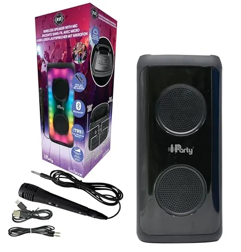 Lexibook iParty®, Tragbarer Bluetooth®-Lautsprecher mit Mikrofon, Leistungsstarker Klang, Mehrfarbige Lichteffekte, Wiederaufladbare Batterie, K8330