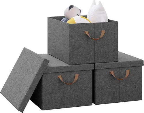 Woltu Aufbewahrungsbox Set (3 St.), faltbar, mit Deckel und Griffen, Grau - Praktisches Set aus 3 faltbaren Aufbewahrungsboxen in elegantem Grau. Mit Deckel zum Schutz vor Staub und Griffen für einfachen Transport – ideal für Kleidung, Spielzeug und mehr.