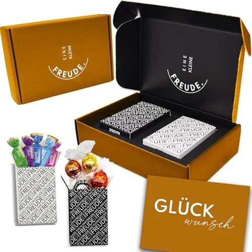 EINE KLEINE FREUDE. | Einzigartige „HERZLICHEN GLÜCKWUNSCH“ Geschenkbox mit feinsten Schokolade Pralinen & Grußkarte für Geburtstag, Jubiläum