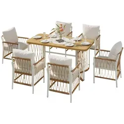 MODFU Garten-Essgruppe 7-tlg. mit gepolsterten Stühlen - Stilvolles 7-teiliges Garten-Essgruppen-Set mit stabilen Eisenmöbeln und gepolsterten Sitzkissen. Ideal für gesellige Mahlzeiten im Freien auf Terrasse oder im Garten. Modernes Design mit Rattan-Optik.