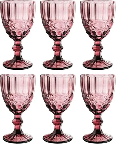GMMH Vintage 6er-Set Farbige Weingläser und Trinkgläser mit Prägung Relief (Schleife, Lila, Weinglas), Kelch, Trinkglas, Wasserglas, Longdrinkgläser, Cocktail Gläser, Glas, Glaskelche