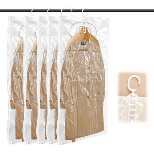 Vakuumbeutel für Kleidung, 5 Stück Hängend Vakuumbeutel, Vakuum Kleiderbeutel Aufbewahrungsbeutel Reise, Hängt Jeweils 4 Mäntel auf, Vakuum-Platzsparer (110x70cm)