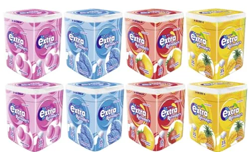 EXTRA Süßigkeit EXTRA Refreshers Dosen-Mix – 8 Dosen, 4 Sorten - Bunte Auswahl an köstlichen Süßigkeiten, ideal für jede Gelegenheit. Genießen Sie die einzigartigen Geschmäcker von Bubblemint und Tropical in praktischen Dosen! Perfekt für den Snackmoment unterwegs oder zu Hause.