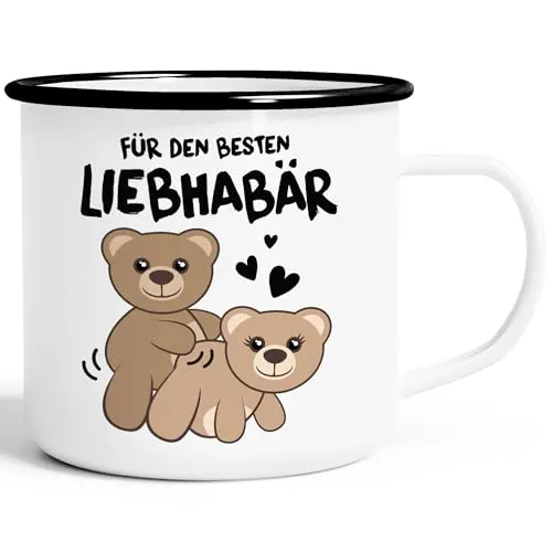 MoonWorks® Emaille-Tasse Liebe lustig Bär Geschenk Partner Mann Liebhaber Jahrestag Valentinstag Emaille-weiss-schwarz standard