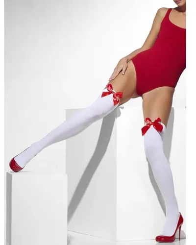 blickdichte halterlose Overknie Strümpfe weiß roten Schleifen Karneval Fasching