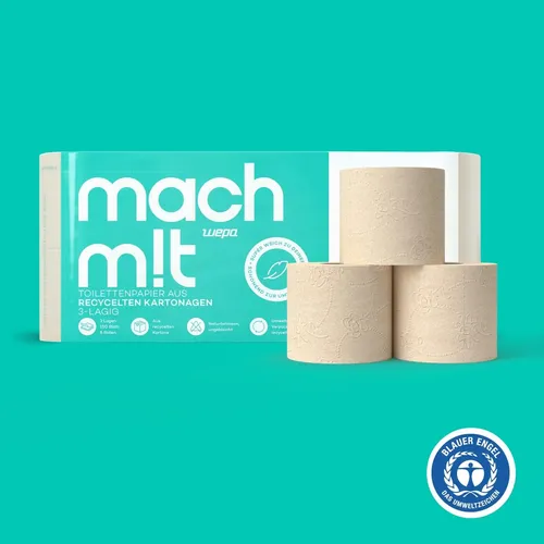 Extra-weiches Toilettenpapier - 3-lagig - 8 Rollen - Toilettenpapierspender mit extra-weichem, 3-lagigem Papier, frei von Bleichmittel und zertifiziert mit dem Blauen Engel für umweltfreundlichen Komfort.