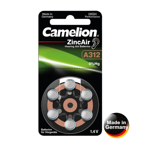 Camelion 15056312 - Zink Luft Knopfzellen-Batterie A312 ZL 312, 6er Set mit 1,4 Volt und 160 mAh, ideal für Hörgeräte und umweltfreundlich