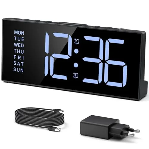 LATEC Wecker Digital, Digitalwecker mit 2 Alarme, Snooze, 3 Alarmzeiten, Digital Uhr mit 4 Helligkeitsstufen + AUS, 3 Lautstärkestufen, USB-Ladeanschluss, Netzbetrieben, Wecker Laut für Tiefschläfer