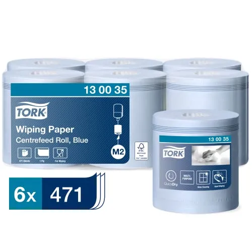 Essity Tork Papierwischtücher Premium M2, 1-lagig, blau - Kommerzielle Einmaltücher, ideal für die streifenfreie Glasreinigung und hohe Aufsaugfähigkeit, 1 Packung = 6 Rollen à 165 Meter.