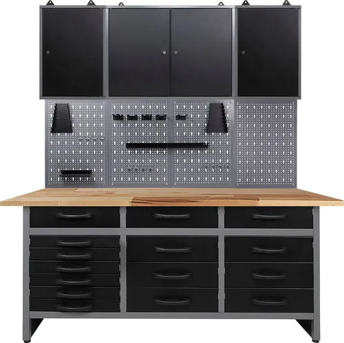 ONDIS24 Werkstatt-Set 160 cm - Werkstatt-Set mit 15 Schubladen und abschließbarem Hängeschrank, ideal für Hobbywerkstätten. Belastbarkeit bis 500 kg, inklusive Aufbauanleitung für einfache Selbstmontage.