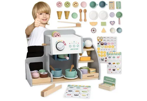 Mamabrum Holz Café-Eisdiele 2-in-1 für Kinder – Kreatives Rollenspiel mit 76 Zubehörteilen - Vielfältiger Spielspaß: Mit der Mamabrum Café- und Eisdielenkombination können Kinder als Barista und Eisdielenverkäufer agieren. Hochwertige Verarbeitung aus stabilem Holz und schadstofffreier Farbe sorgt für sicheres Spielen.