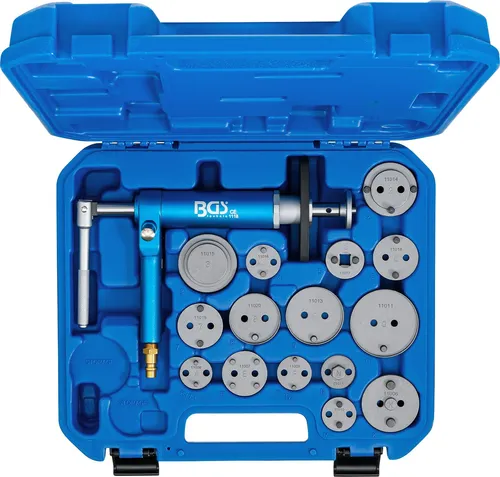 BGS 1117 | Bremskolben-Rückstell-Satz | pneumatisch | 16-tlg. - Bremssattelkolben-Satz für nahezu alle PKW, ideal für luftdruckunterstützte Rückstellung mit 15 Adaptern für verschiedene Fahrzeugmarken und -modelle.