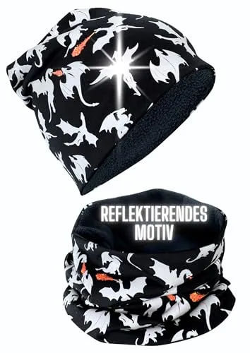 HECKBO Winter Drachen Kinder Mütze & Schlauchschal – Vlies – 2–8 Jahre – Beanie Jungen – Perfekt für Winterspiele, Bergwege & Outdoor-Mode (48–54 cm)