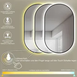 HOKO Design LED ANTIBESCHLAG Spiegel oval 45x75 cm - Badezimmer Wandspiegel mit Antibeschlag-Funktion und einstellbarer Lichtfarbe, ideal für stets klare Sicht bei hoher Luftfeuchtigkeit.