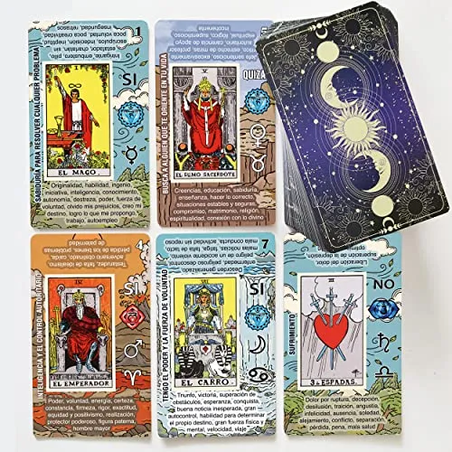 Tarotkarten Deutsch – Tarot Karten für Anfänger mit Bedeutungen auf den Karten – Ja oder Nein, Astrologie, Planeten und Chakren – Kein Handbuch erforderlich (Spanisch)