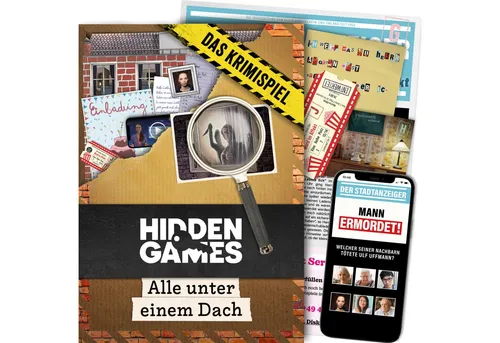 Hidden Games Tatort - Alle unter einem Dach - Realistisches Krimispiel - Gesellschaftsspiel für 1-6 Spieler, interaktives Erlebnis mit spannenden Ermittlungen und einer Spielzeit von 90-150 Minuten.