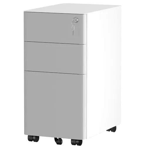 YITAHOME Rollcontainer mit 3 Schubladen, Metall Abschließbar Aktenschrank für A4, Legal, Letter, Mobiler Büroschrank mit Rollen für Home-Office, Hängeregistratur, 45 x 30 x 61cm, Weiß + Grau