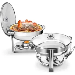 Warmounts 2er Set Rundes Chafing Dish Buffetwärmer 4,7L mit Glasdeckel