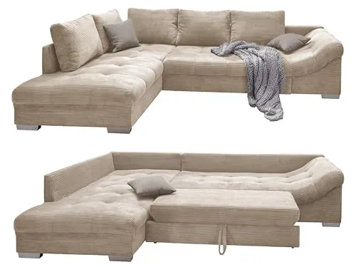 Wunderschönes Cord Ecksofa mit Schlaffunktion - Sofas & Couches, modernes L-Sofa mit komfortabler Schlaffunktion und Wellenunterfederung, ideal zum Entspannen und Schlafen.