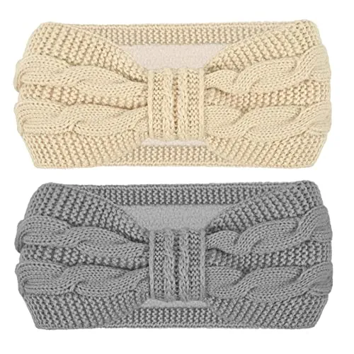 HOOWA Stirnband Damen Winter Gefüttert mit Fleece, 2pcs Mädchen Haarband Strick Haarbänder Elastische Stirnbänder Damen, Verdicken Kopfband Ohrenwärmer Warm Frauen