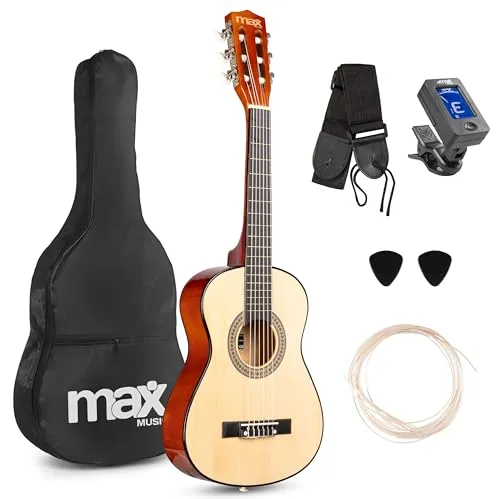 MAX SoloArt 1/4 Gitarre für Kinder ab 3 Jahren - Akustikgitarrenset für Kinder ab 3 Jahren mit Nylon-Saiten für warmen Klang, inklusive Tasche, Plektrum und Gurt – ideal für kleine Einsteiger!