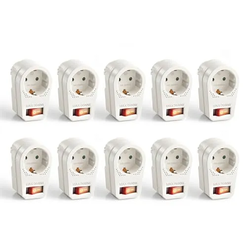 Perfect, Steckdosen-Adapter mit An/Aus Schalter, 1x Schutzkontakt-Buchse, 16A / 250V AC, 3680 Watt, weiß, 10er Set