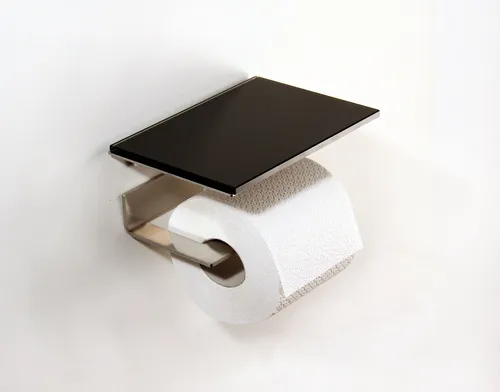 WC Rollenhalter aus Edelstahl mit schwarzer Glasablage - Moderner Toilettenpapierhalter mit glatter Glasablage in Schwarz. Robuste Wandmontage für ein elegantes Badezimmer-Design – schnell und einfach zu installieren.