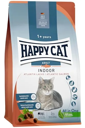 Happy Cat 70588 - Indoor Adult Atlantik Lachs - Katzen-Trockenfutter für ausgewachsene Katzen und Kater - 1,3 kg Inhalt