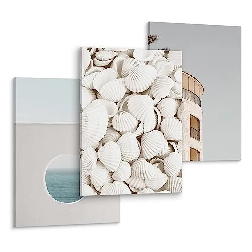 Muralo Leinwandbilder fertig zum Aufhängen Bilder Set Bilder Leinwand Bilder Wohnzimmer Schlafzimmer Wanddeko Modern Boho Muscheln Meer