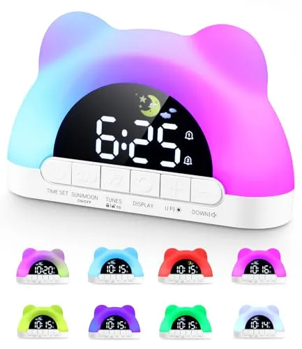 Wecker Kinder 10 Weckerlärme,11 RGB-Farben,2 Alarme + Snooze,Schlaftrainer