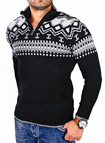 Reslad Herren Strickpullover Crewneck Zipper Norweger Pullover RS-3110 Schwarz M - Vielseitiger Norweger Pullover für Herren mit Zipper und modernem Design. Hoher Tragekomfort durch hochwertige Materialien. Ideal für kalte Tage und einfach zu kombinieren.