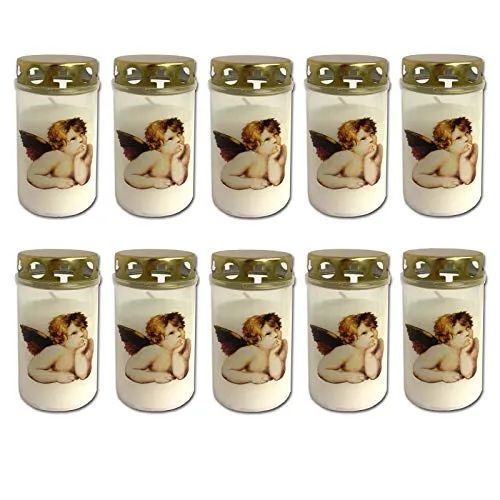 Grablicht Set Weiss mit Deckel Grabkerzen mit Engel Motiv Friedhofskerzen Grablichtkerze Trauerlicht Gedenkkerze Grabdekoration Grabdeko (10 Stück)