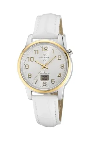 MASTER TIME Funkuhr Basic MTLA-10799-42L - Elegante Damenuhr mit Leuchtzeigern - Armbanduhren mit spritzwassergeschütztem Design, automatischer Zeitumstellung und edlem Lederarmband - ideal für stilbewusste Frauen.