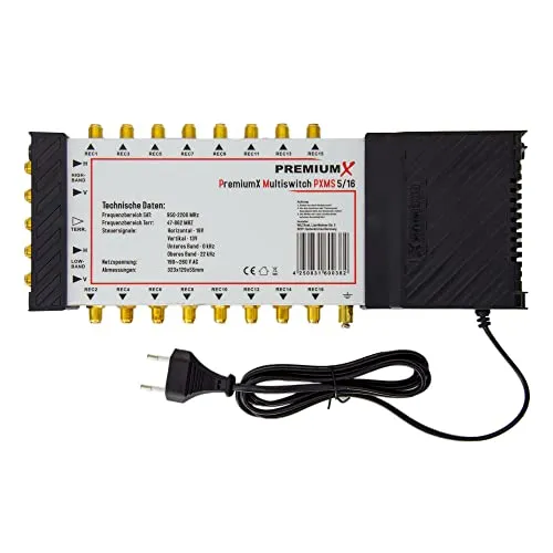 PremiumX PXMS 5/16 Multischalter für 16 Teilnehmer - Multischalter für 1 SAT, verteilt Satellitensignale auf bis zu 16 TV-Receiver. Hochwertige Verarbeitung mit eingebautem Netzteil, ideal für UHD und HD Empfang.