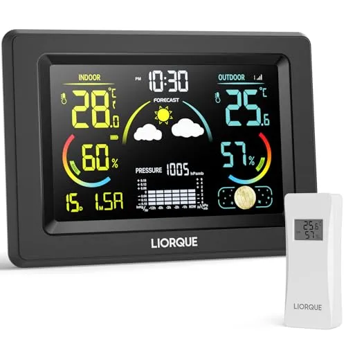 LIORQUE Wetterstation Funk mit Außensensor, DCF Funkuhr, Funkwetterstation mit Wettervorhersage, Innen und Außentemperatur/luftfeuchtigkeit, Barometer und Mondphase, LCD VA Display