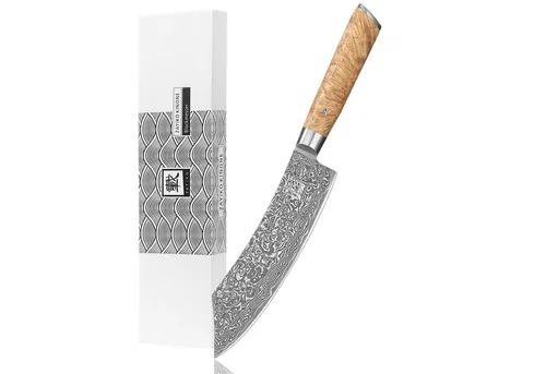 zayiko Damast Blockmesser 20 cm – Profi Kochmesser aus 67 Lagen Damaststahl - Kochmesser aus echtem Damaststahl mit ergonomischem Wurzelholzgriff, ideal für präzises Schneiden von Fleisch, Fisch und Gemüse, einzigartig in Design und Funktion.