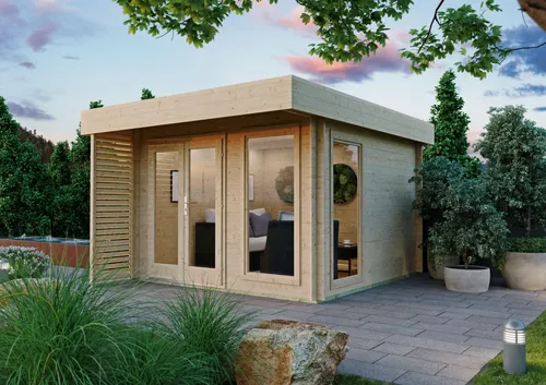 Fjordholz Flachdach Gartenhaus Modell Pina 28 - Hochwertiges Gartenhaus aus 28mm massivem nordischem Fichtenholz. Mit moderner Doppeltür, bodentiefen Fenstern und patentierter Windsicherung. Ideal für Gartenprojekte und individuelle Anpassungen.