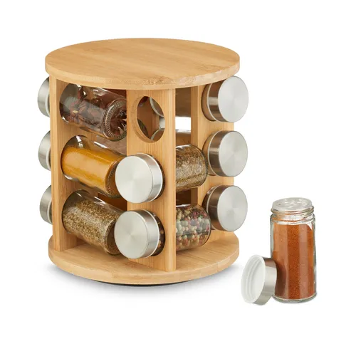 Gewürzkarussell mit 12 Gewürzgläsern aus Bambus - Praktisches Gewürzregal mit drehbarer Basis, ideal für ordentliche Küchen. Enthält 12 Gläser und bietet Platz für eine Vielzahl von Gewürzen.