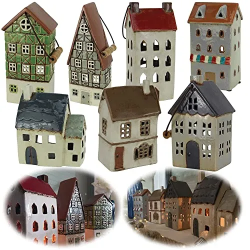 LS-LebenStil Teelichthaus Lichthaus 18x13x8cm Grau/Creme/Braun Keramik Fachwerkhaus Aarhus Teelichthalter