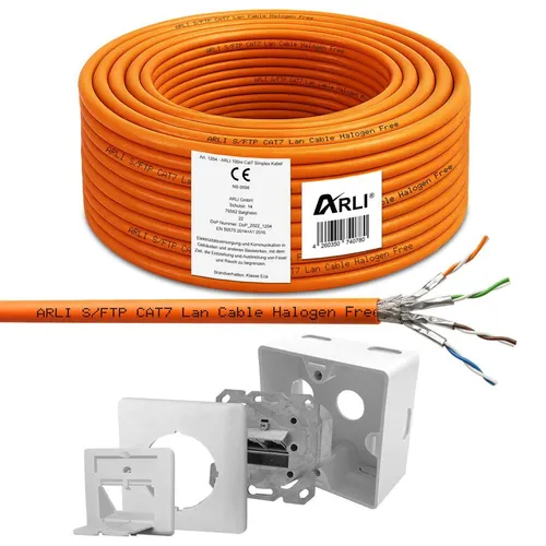 ARLI Cat7 Verlegekabel 100 m S/FTP mit Cat6a Netzwerkdose - Netzwerkkabel für feste Verlegung, unterstützt bis zu 10 Gbit/s, halogenfrei und ideal für Gebäudeverkabelung, inklusive passender Cat6a Netzwerkdose für einfache Installation.