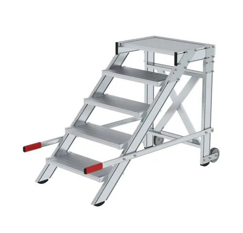 PROREGAL® Trittleiter Arbeitspodest fahrbar, Stufenbreite 600 mm, Alu geriffelt 4 Stufen