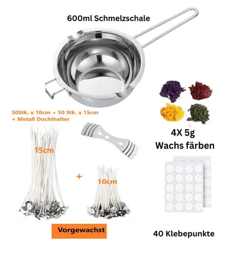 Bienenbiya Duftkerze Kerzen Selber Machen Set, Kerzenherstellung Kit, Wachsschmelztopf (Set, 100 Kerzendochte, 4 Kerzenfarbe, 100 Kerzen Aufkleber, 1 Dochthalter), Candle Making Kit für Erwachsene und Kinder
