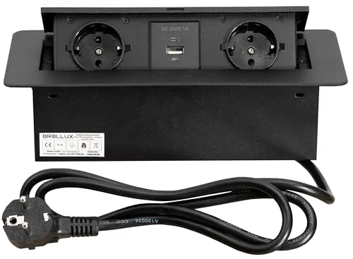 BROLLUX Einbausteckdose versenkbar 2fach mit USB/USBC Schwarz mit Softöffnung Aluminium Spritzguss 1,5m Anschlusskabel Steckdose