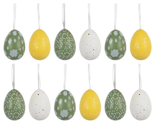 Decoris season decorations Osterei, Ostereier zum Aufhängen 4x6cm bruchfest 12er Set Weiß / Gelb / Grün